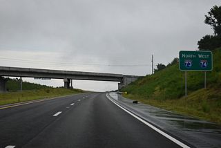 Interstate 73 begins along the Rockingham Bypass north from U.S. 74. The first reassurance sign for I-73 precedes the Old Charlotte Highway (SR 1140) overpass.