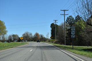 The old alignment of U.S. 74 along SR 2381 provides part of a turnaround for trucks headed west back to U.S. 74 along Shelby Road.