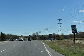 The first confirming marker for U.S. 74 Business along Shelby Road precedes the intersection with Vestibule Church Road (SR 2602) south.