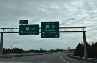 Two lanes default onto U.S. 17 south to Town Creek, Bolivia and Shalotte. NC 87 ties into U.S. 17 just west of I-140 from Maco and Batarora.