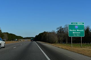 Bypassing Wilson to the west, Interstate 95 north travels to Rocky Mount and Roanoke Rapids. Benson lies near the crossroads of I-95 south with I-40.