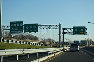 A left exit joins Route 29 (John Fitch Parkway) south with Market Street to Route 33 and U.S. 1 (Trenton Freeway) north outside Downtown Trenton.