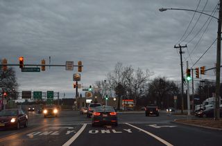 Hook Road parallels I-295 east from Route 49 to CR 551 south. Lippincott Avenue spurs east from the signalized intersection with Broadway to adjacent businesses and a mobile home park.
