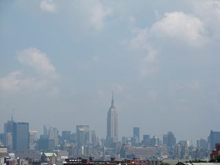The Empire State Building and the Mid Manhattan skyline to the northeast of Interstate 78 and Jersey City.