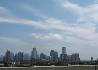 The Jersey City skyline to the east of I-78 along the Hudson River.