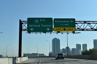 Center Street extends north from Montgomery Street to become Christopher Columbus Drive east from I-78 to the Jersey City business district and the Hudson Riverfront.