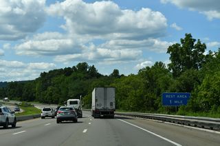 A set of rest areas line both sides of the freeway on the north slope of Musconetcong Mountain.