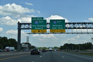 Interstate 280 angles southeast to the New Jersey Turnpike by way of Roseland, the Oranges, Newark and Harrison.