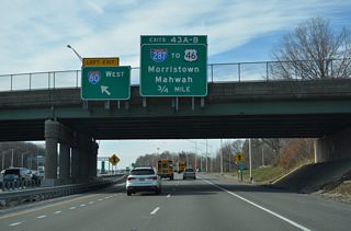 A crossover provides access to the Interstate 80 westbound mainline from the c/d roadway to Exit 43 within the half diamond interchange (Exit 45) at Beverwyck Road (CR 637).
