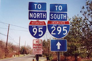 I-95 and I-295 trailblazers posted along Bull Run Road eastbound in Ewingville. Bull Run Road links Route 31 (Pennington Road) with Federal City Road. Federal City Road connects with the Trenton belt line.
