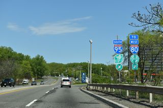Degraw Avenue (CR 56) spans four roadways and a c/d roadway along I-95 ahead of the loop ramp for I-95 southbound and I-80 west.