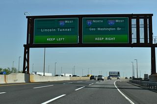 The New Jersey Turnpike East and West Spurs converge to the north beyond Ridgefield at U.S. 46 in Ridgefield Park Village.