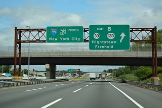 Route 33 runs east from Hightstown to Twin Rivers, Freehold, Neptune and Asbury Park.