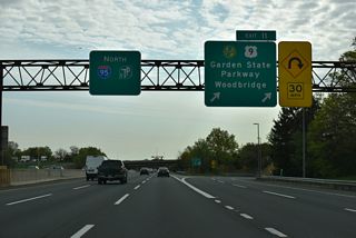 Two lanes leave the New Jersey Turnpike Inner Roadway for the Garden State Parkway at Exit 11.