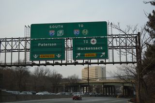 The I-95 Express lanes extend west with no exits to Interstate 80 at Left Exit 69. Exit 72 A for Route 4 west is the first of two exits from the I-95 Local lanes.