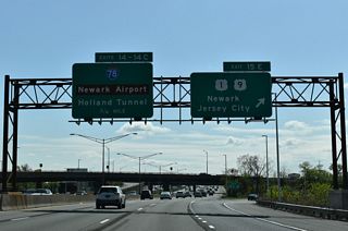 The trumpet interchange at Exit 15 E is 0.75 miles north of the extended ramps from Exit 14 leading south to Interstate 78 and the New Jersey Turnpike Newark Bay Extension (Exits 14 A-C).