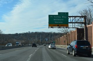 The folded diamond interchange at Exit 7 joins I-280 with Pleasant Valley Way (CR 636) at Pleasantdale, south of Verona.