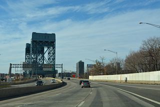 Interstate 280 west ahead of the William A. Stickel Memorial Bridge crossing the Passaic River into Newark, New Jersey