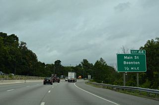 Interstate 287 spans the Rockaway River into the town of Boonton. Joining I-287 with Main Street (U.S. 202) via Lathrop Avenue, Exit 44 follows in a half mile.