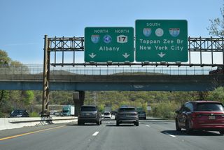 Traffic on I-287 north partitions with two lanes joining I-87 north to NY 17 at Hillburn and the continuation of I-287 north along I-87 south to the Governor Marco M. Cuomo Bridge (formerly the Tappan Zee Bridge). I-87/287 overlap 19.20 miles east from Suffern to Tarrytown.