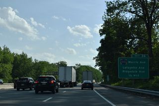 The next two exits from Interstate 287 south serve the town of Morristown. Departing in one quarter mile is Exit 37 to both adjacent Ridgedale Avenue and County Route 510Z (Lafayette Avenue).