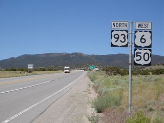 After Majors Junction (where U.S. 6, U.S. 50, and U.S. 93 meet west of Baker and southeast of Ely) is this reassurance shield assembly, which marks all three routes on this stretch of rural highway.
