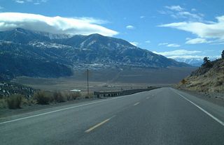 U.S. 6 then descends Montgomery Pass, with massive Boundary Peak visible to the south of the U.S. highway. Boundary Peak rises 13,140 feet above sea level and is the highest point in the state of Nevada. Photo taken 1/20/02.