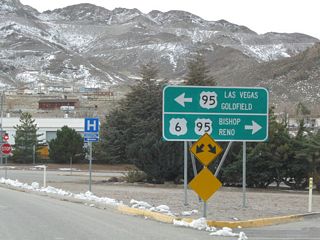 Westbound U.S. 6 meets U.S. 95 (Erie Street) in Tonopah. U.S. 95 is a major north-south highway that extends throughout the Silver State of Nevada, originating near the southern tip and traveling northwest and then north through the state through Las Vegas, Goldfield, Tonopah, Hawthorne, Fallon, and Winnemucca.