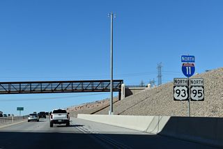 The Union Pacific Railroad Trail spans I-11/U.S. 93-95 at Railroad Pass (elevation 2,387 feet).