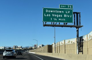 Several Downtown casino resorts, including the D Las Vegas, Downtown Grand, El Cortez, and Circa, are visible on the 1.25 miles leading to Las Vegas Boulevard at Exit 75.