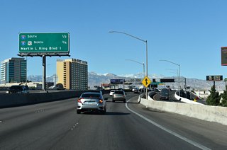 Entrance ramps join the viaduct along I-11/U.S. 93-95 from Las Vegas Boulevard and Casino Center Boulevard just ahead of Exit 76 A for Interstate 15 south.