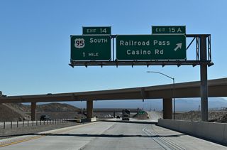 The Railroad Pass Casino Road connector was built to directly serve the Railroad Pass Hotel/Casino from the Boulder City Bypass at Exit 15 A. U.S. 95 south separates with I-11/U.S. 93 for Searchlight and Needles, California next in one mile.
