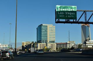 Several casino resorts come into view where the Las Vegas Expressway (Oran K. Gragson Freeway) enters an S-curve en route to the two Downtown exits.