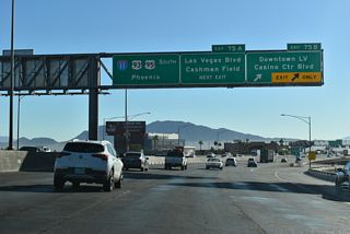 Casino Center Boulevard joins the Las Vegas Expressway with several casino resorts including Binions, Four Queens, and the Golden Nugget, as well as the Fremont Street Experience attraction.