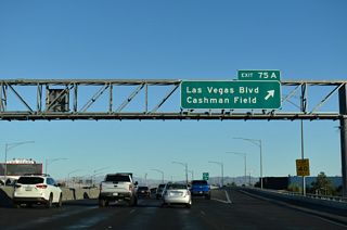 Exit 75 A departs for Las Vegas Boulevard. Las Vegas Boulevard represents the main thoroughfare connecting Downtown and the original casino area with the famous Las Vegas Strip further to the south. Extending north, Las Vegas Boulevard becomes SR 604 through North Las Vegas to Nellis Air Force Base.
