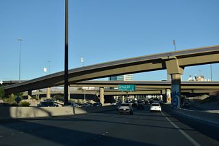 A flyover brings U.S. 93 southbound onto I-11/U.S. 95 from Interstate 15 within the Spaghetti Bowl interchange.