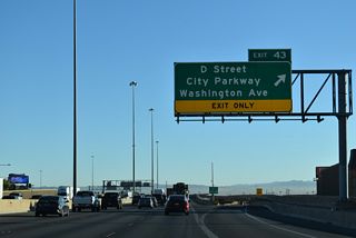 The D Street Connector links I-15/U.S. 93 with City Parkway at Bonanza Road (SR 579) to the south. Washington Avenue west heads SR 599 (Rancho Drive) through the  West Las Vegas neighborhood.
