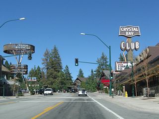 The Tahoe Biltmore and Crystal Bay Club casinos line both sides of Nevada 28. From here, Nevada 28 will proceed a bit to the north, then turn east again in Incline Village.