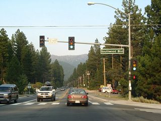 Eastbound Nevada 28 meets Southwood Boulevard in Incline Village.