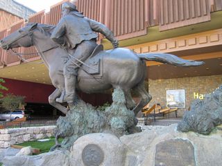 A Pony Express statue and trail marker line the east side of U.S. 50 (Lincoln Highway) on the north side of Harrah's Lake Tahoe.