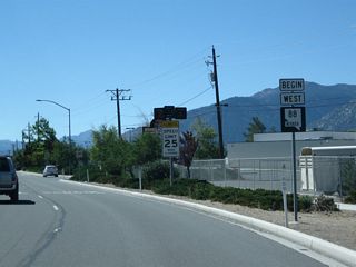 A begin SR 88 south reassurance shield assembly is posted after the U.S. 395 intersection in Minden in the Carson Valley. Multi State Route 88 travels south from here into California, then west toward Woodfords and Carson Pass. A connection is also made to the Alpine County seat of Markleeville, California via SR 4 west and SR 89 south.