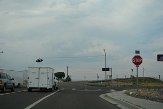 A four-way stop controls traffic at U.S. 93 (Great Basin Highway) and Business Loop I-80 at Sixth Street (old U.S. 40).
