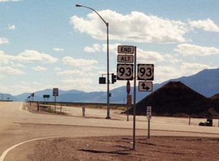 U.S. 93 Alternate travels 58.8 miles south from Business Loop I-80 (Wendover Boulevard) in West Wendover to end at U.S. 93 (Great Basin Highway).