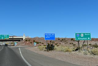 Interstate 11 overlaps with U.S. 93 south to the Arizona state line. U.S. 93 continues from there southeast to I-40 at Kingman.