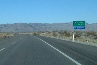 Located five miles west of the Clark County line, the interchange for Mercury connects U.S. 95 with the restricted access road to the Nevada National Security Site.
