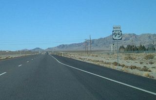 Reassurance marker posted for U.S. 95 north beyond the entrance for Creech AFB and turn for S Frontage Road to Sky Road in Indian Springs.