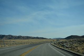 U.S. 95 curves southwest from the Rawhide Flats area ahead of Churchill County milepost 3.