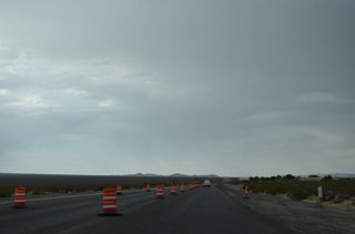 Heading south into Cal Nev Air, U.S. 95 again reduces from a four-lane, divided highway into a five lane boulevard.