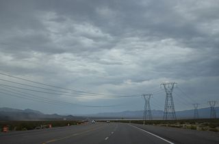 Two Southern California Edison single-circuit, 230kV power lines cross over U.S. 95 next. These long-range power lines lead southeast from the Mead substation to the Eldorado substation, then continue southeast all the way to the Lugo substation in Hesperia, California, as part of the support network for Path 46, West of Colorado River.