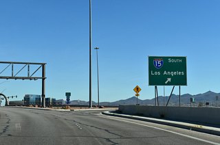 Interstate 15 angles southwest from SR 146 to Primm and Barstow, California.